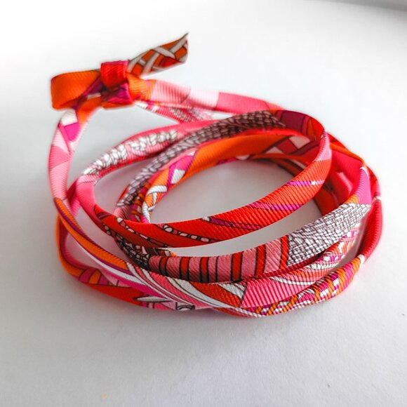 Twilly Silk spaghetti wrap bracelet HERMES multicolor patterns |  NEW 46” long - Picture 6 of 9